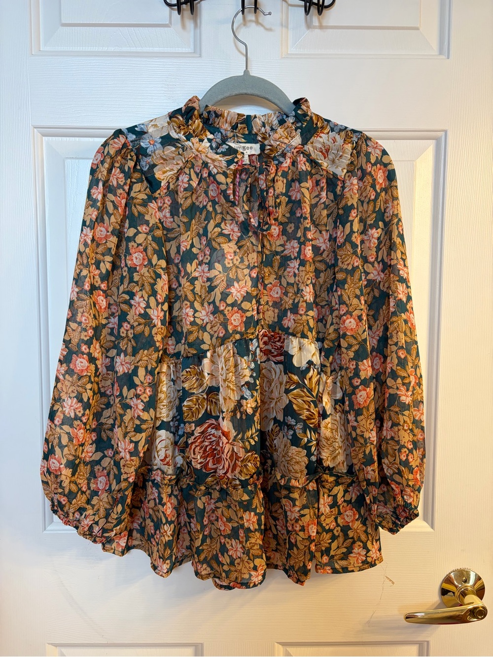 Umgee Teal Floral Ruffled Tie-Neck Blouse